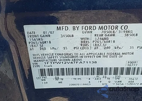 2007 Ford F-150 Lariat/Xlt z USA, uszkodzony, nr VIN 1FTPW12V47FA71138